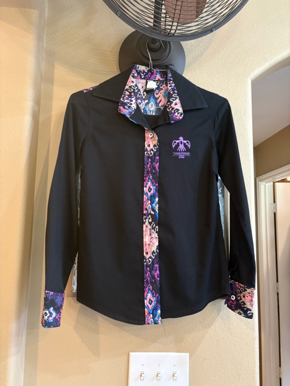 THUNDERBIRD BRAND Black Button-Up Shirt with Purple Accent Collar